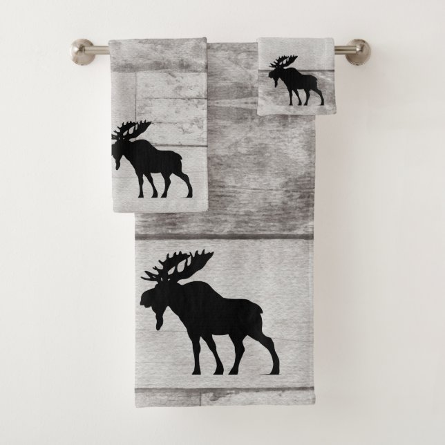 Moose Silhouette Gray Wood Pattern Bath Toalla Set (In situ)