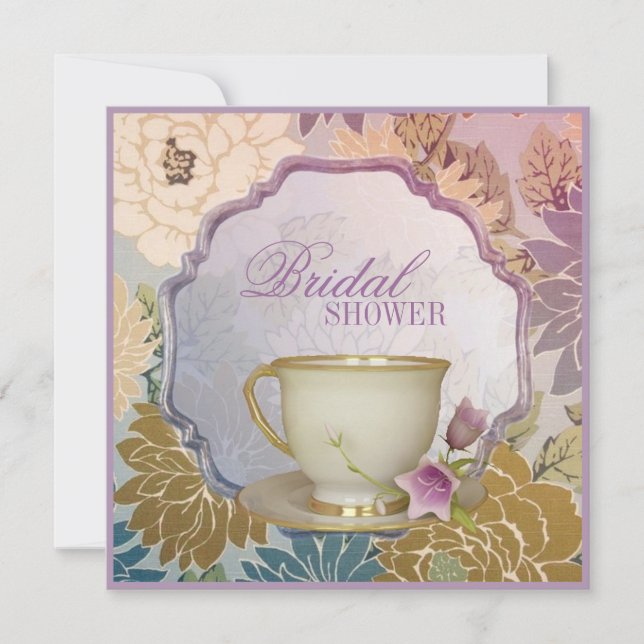 Morada floral Bridal Shower Tea Party Invitación (Anverso)