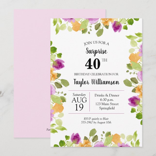 Morado acuarela florece invitaciones de cumpleaños (Anverso / Reverso)