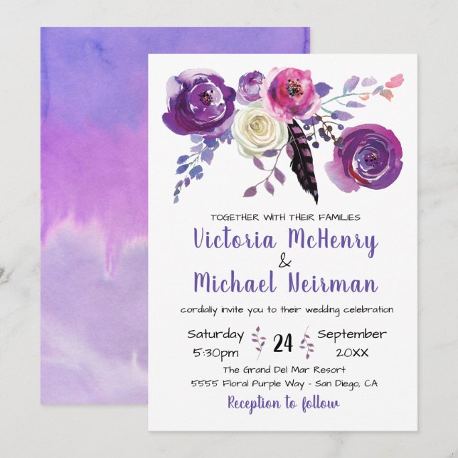 Morado acuarela Invitaciones a bodas Floral Boho (Anverso / Reverso)