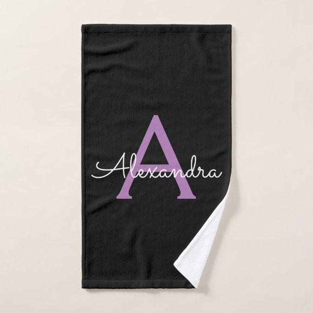 Morado Black Girly Script Monograma Nombre (Toalla de mano)