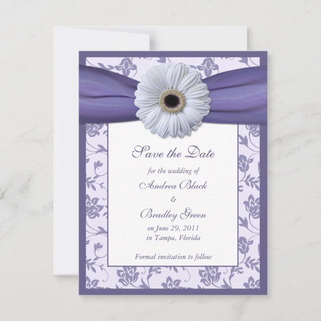 Morado blanco Floral Damasco Guardar la tarjeta de (Anverso)