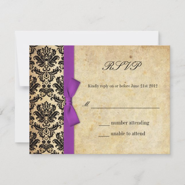 Morado Damask Bow Wedding RSVP (Anverso)