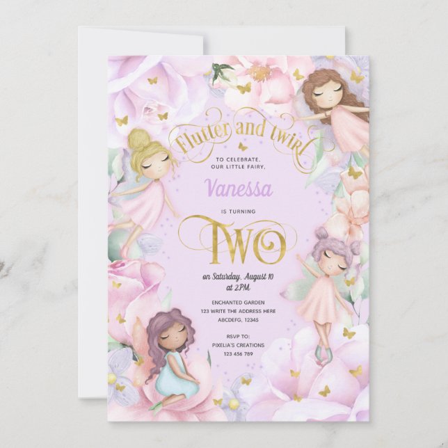 Morado de hadas, Chica Invitación de 2º cumpleaños (Anverso)