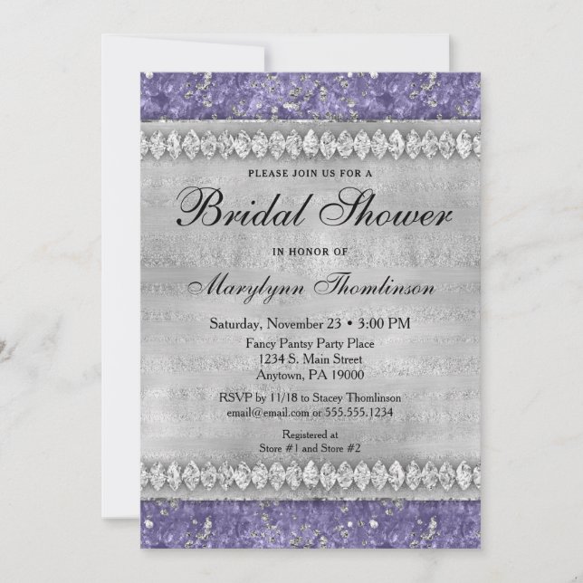 Morado Diamantes Bridal Shower Invitación Plata (Anverso)