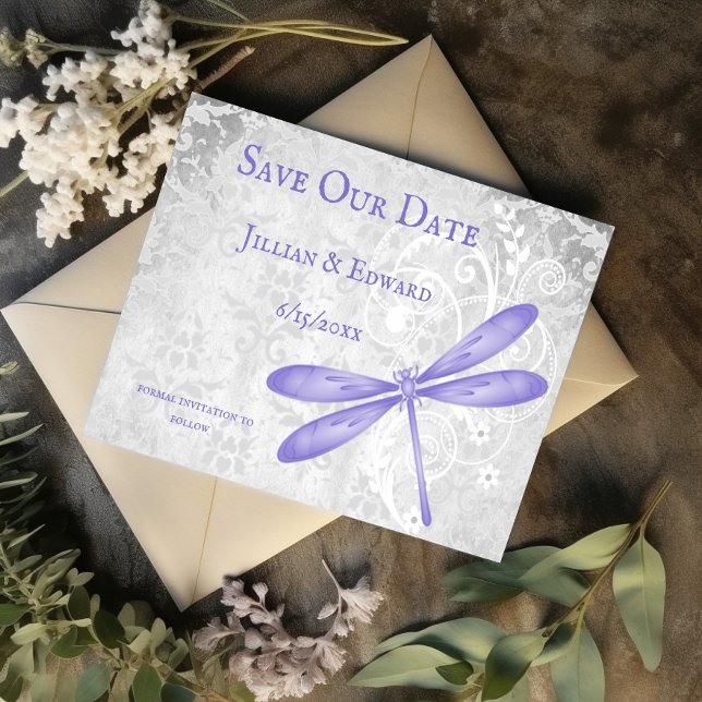 Morado Dragonfly salva el anuncio de la fecha (Purple Dragonfly Save the Date)