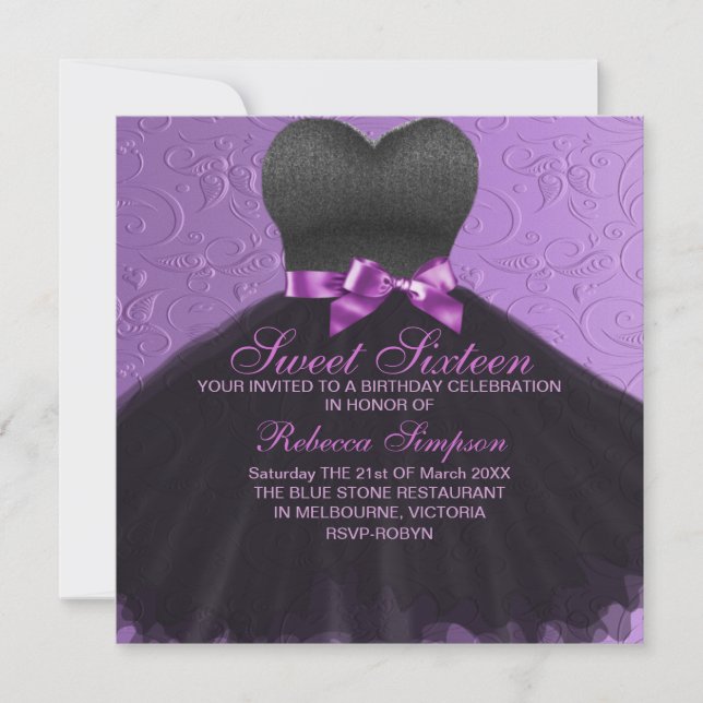 Morado dulce Dieciséis Invitaciones de Vestido Neg (Anverso)