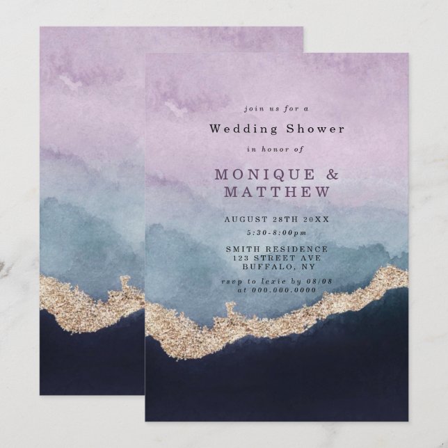 Morado Dusty Blue acuarela Agate ducha de matrimon (Anverso / Reverso)