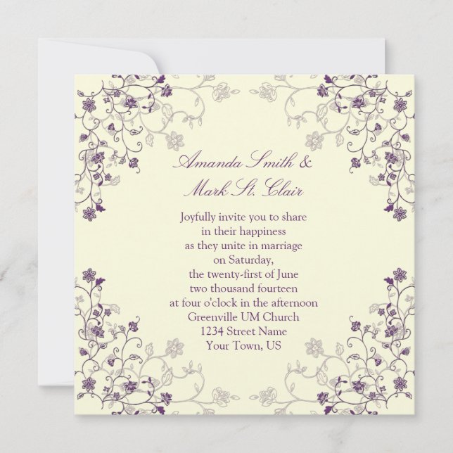 Morado en la invitación a la boda crema (Anverso)