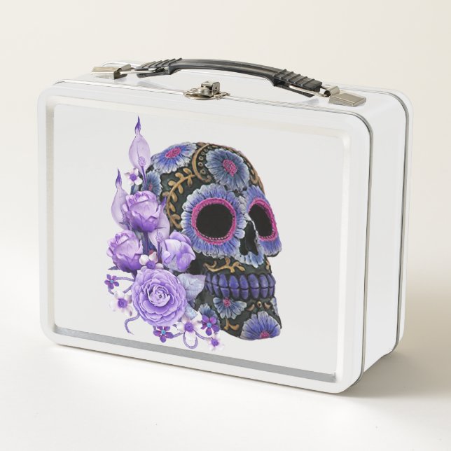 Morado Floral Black Sugar Skull Día De Los Muertos (Anverso)