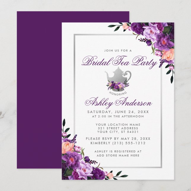 Morado Floral Bridal Shower Tea Party Invitación P (Anverso / Reverso)