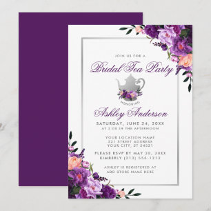 Morado Floral Bridal Shower Tea Party Invitación P