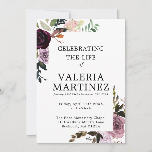 Morado Floral Celebración del Programa de Funerale (Anverso)