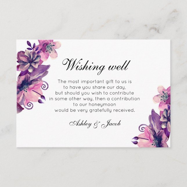 Morado floral deseando bien. Boda insertar tarjeta (Anverso)