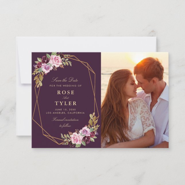 morado floral geométrico guardar la tarjeta de fot (Anverso)