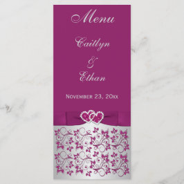 Morado, floral gris plateado, tarjeta de menú Cora