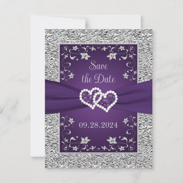 Morado, Gray Love Hearts Wedding Save the Date (Anverso)