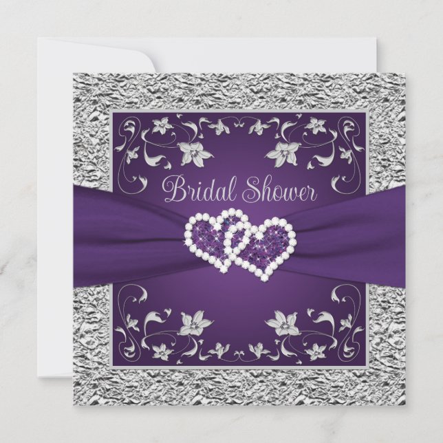 Morado, Gris Love Hearts Bridal Shower Invitación (Anverso)