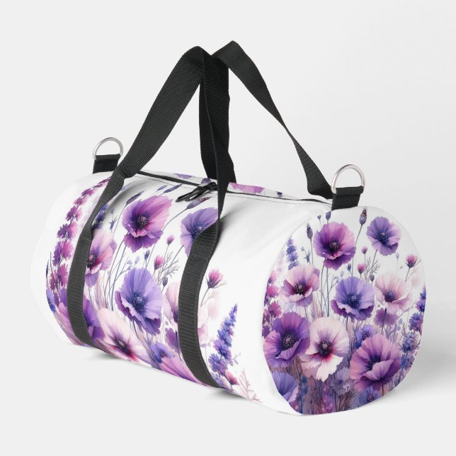 Morado Hibiscus Floral sobre bolsa de Duffel Blanc (Esquina izquierda)