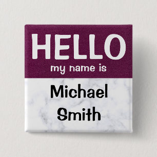 Morado hola mi nombre es botón de pin personalizad