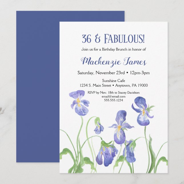 Morado Iris Invitación a cumpleaños Brunch Floral (Anverso / Reverso)