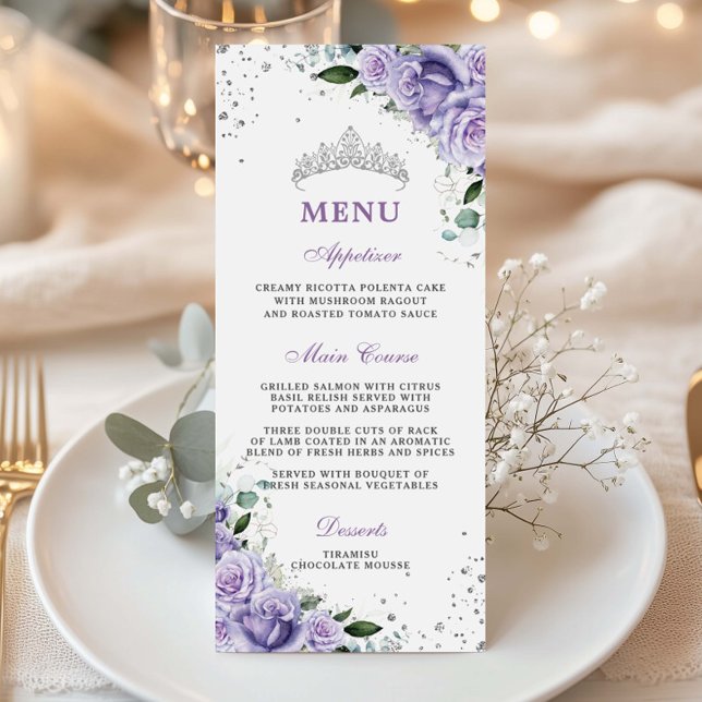 Morado Lilac Lavender Floral Quinceañera XV Menú (purple-lilac-lavender-roses-flowers-floral-silver-crown-quinceanera-quince-xv-15-sweet-16-menu-card)