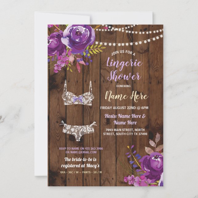 Morado Lingerie Shower Bachelorette Invitación de  (Anverso)