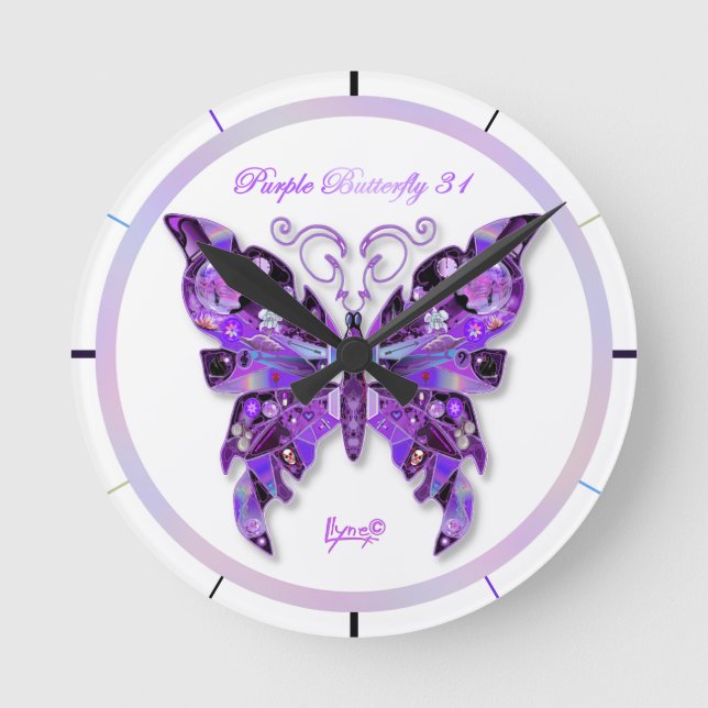 Morado mariposa 31 Reloj redondo (Anverso)