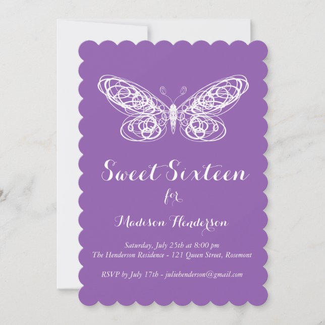 Morado mariposa dulce dieciséis invitaciones (Anverso)