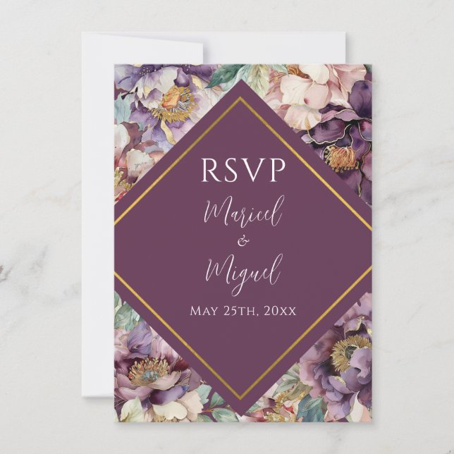 Morado Peonies Floral Boda Moderna RSVP (Anverso)