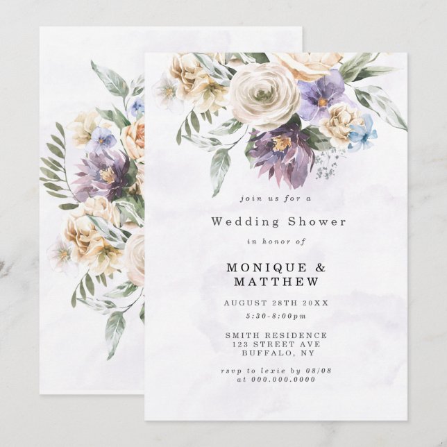Morado Peony Wildflowers Invitación a la ducha de  (Anverso / Reverso)