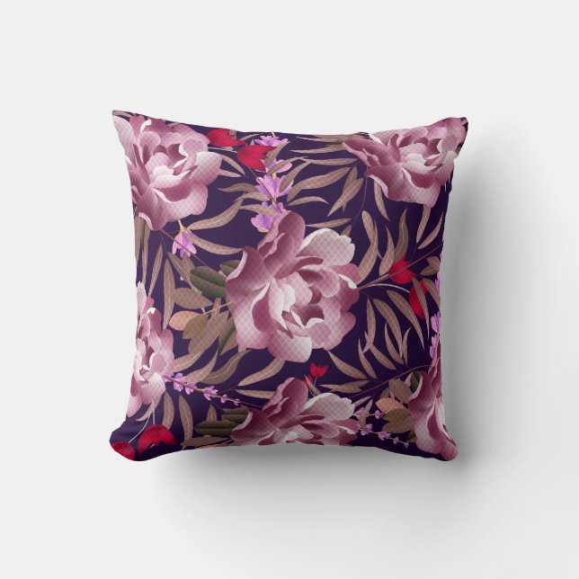 Morado rosa de almohada de rayas florales (Anverso)