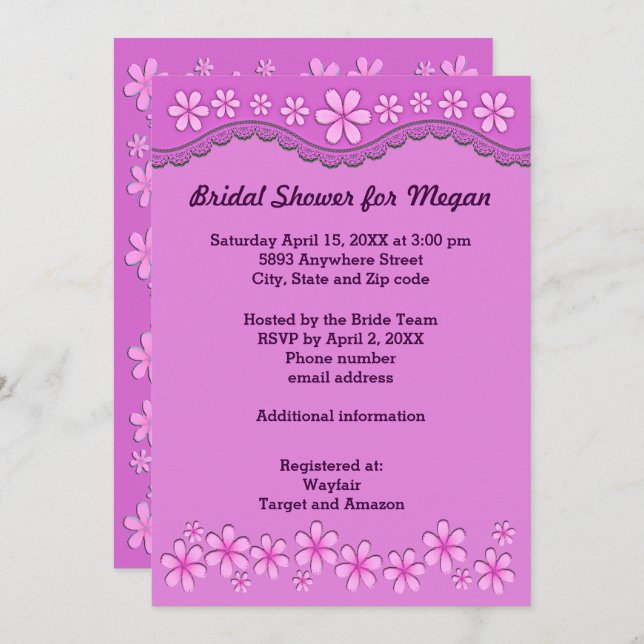 Morado Seis Flores Petales Rosadas Invitación A La (Anverso / Reverso)