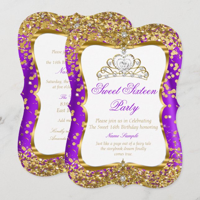 Morado Tiara Princesa Dulce 16 Invitación blanca d (Anverso / Reverso)
