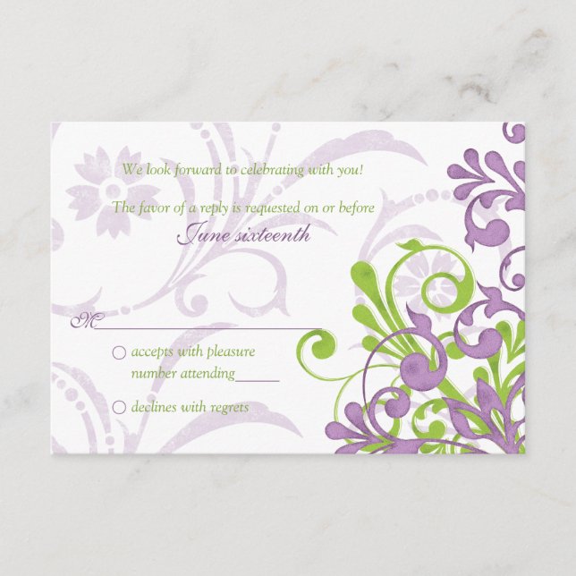 Morado Verde Blanco Abstracto Boda Floral rsvp (Anverso)