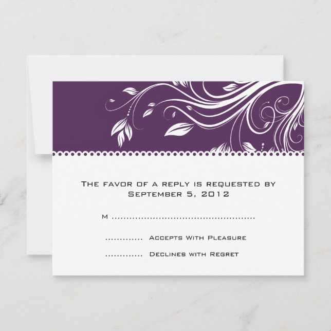 Morado y blanco Floral Swirls Boda RSVP (Anverso)