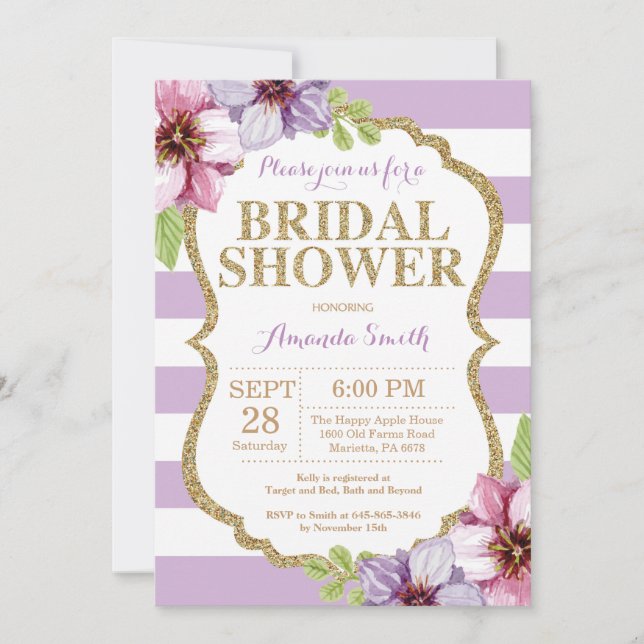 Morado y dorado ducha de novias Invitación floral (Anverso)