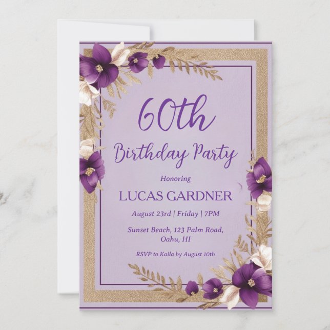 morado y oro 60 invitaciones de cumpleaños (Anverso)
