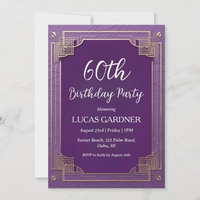 morado y oro 60 invitaciones de cumpleaños (Anverso)