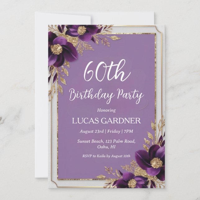 morado y oro 60 invitaciones de cumpleaños (Anverso)