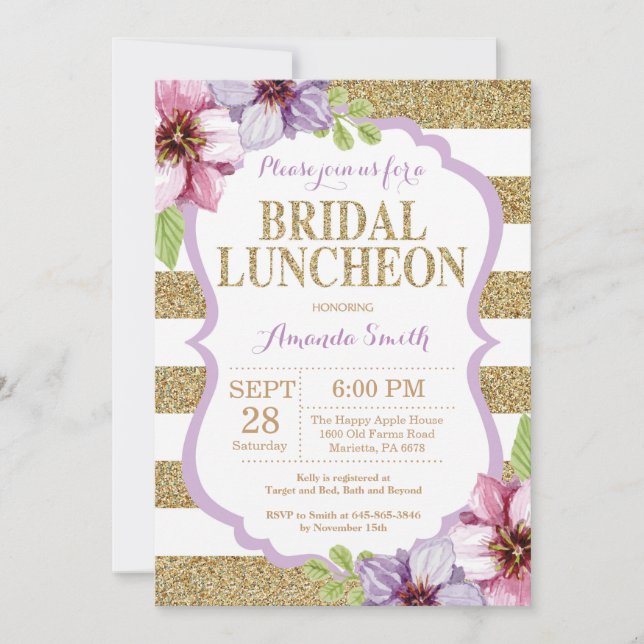 Morado y oro Bridal Luncheon Invitación Floral (Anverso)