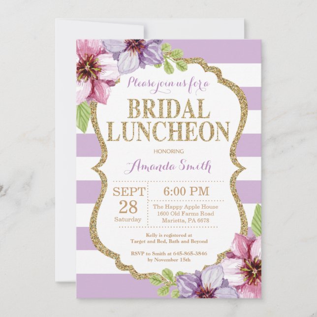 Morado y oro Bridal Luncheon Invitación Floral (Anverso)