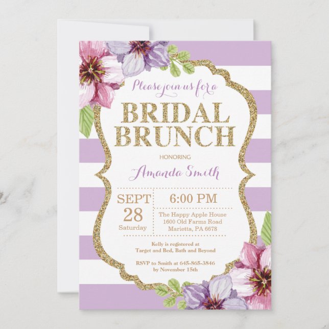 Morado y oro Brunch Invitación Floral (Anverso)