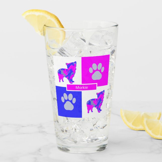 Morkie Silhouette Dog & Paw Pink and Blue Square (Anverso (hielo))