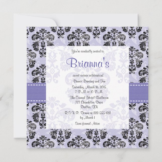 Morple Damask Sweet Dieciséis Invitaciones (Anverso)