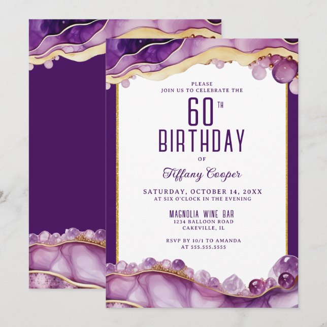 Morple Gold Marble Invitación a cumplir 60 años (Anverso / Reverso)