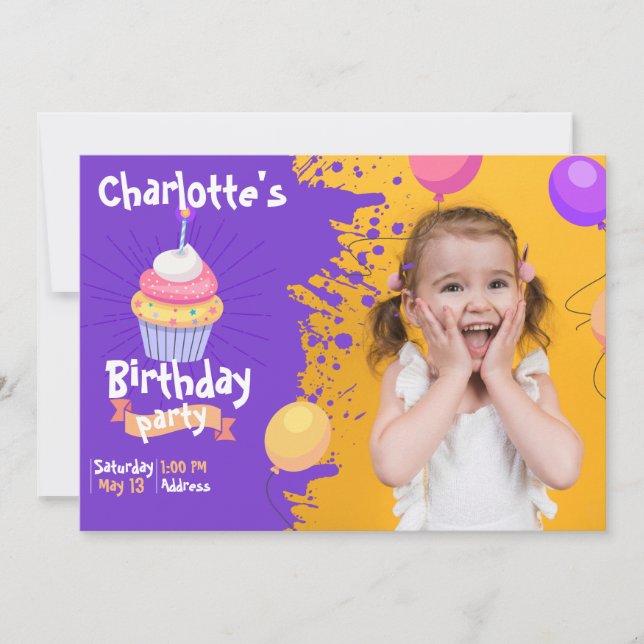 Morple Splash Cupakes Balloons Invitación de cumpl (Anverso)