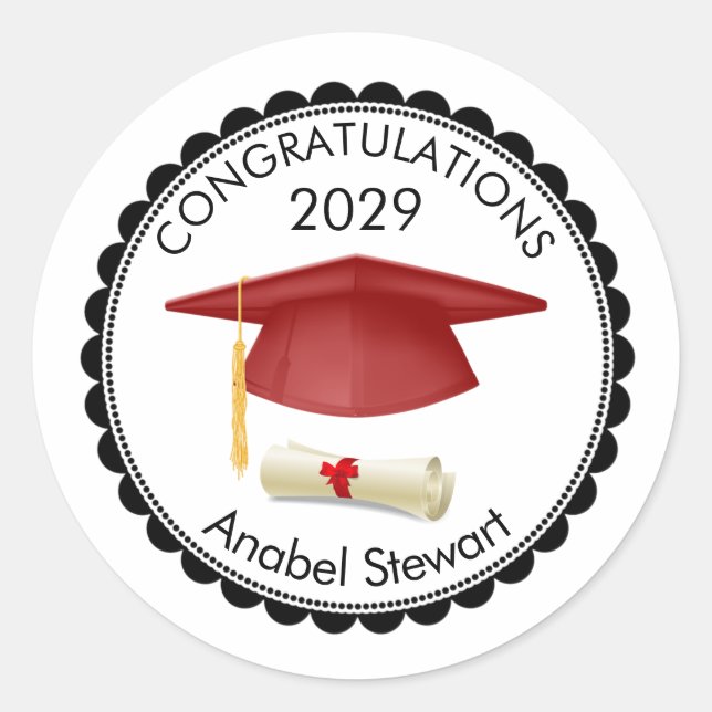 Mortero rojo, diploma Su nombre Pegatina de gradua (Anverso)
