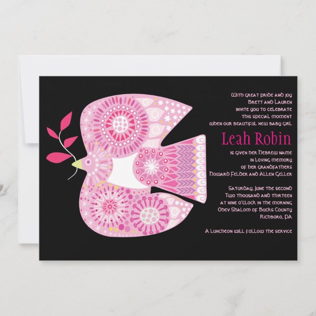 MOSAIC DOVE of PEACE Jewish Baby Naming Invitación (Anverso)