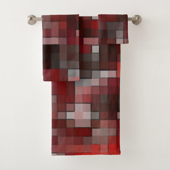 Mosaico digital de cuadrados en tonos rojos y gris (In situ)